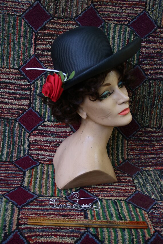 Vintage Black Straw Hat with Longstem Red Ribbon R