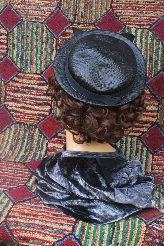 Vintage Black Straw Sailor Hat with Grosgrain Rib… - image 5