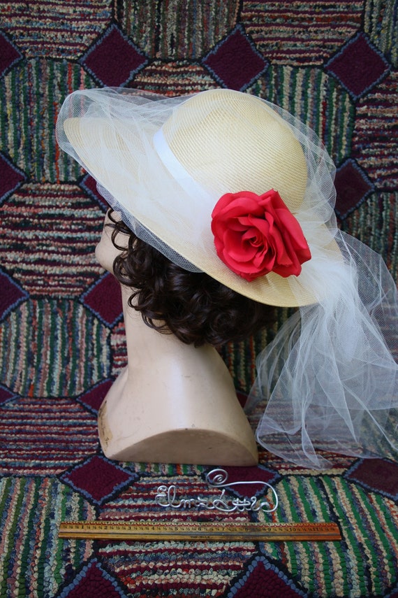 Vintage Straw Hat With Tulle Overlay and Rose