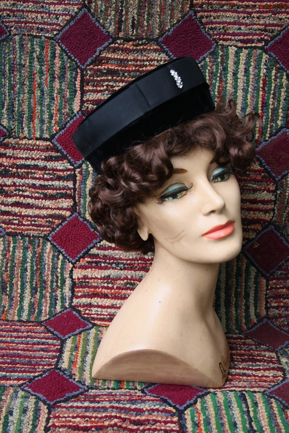 Vintage Black Velvet Pillbox Hat