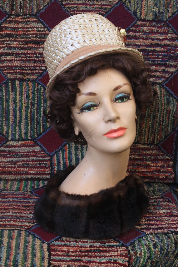 Vintage Beige Plastic Straw Beehive Hat Gem