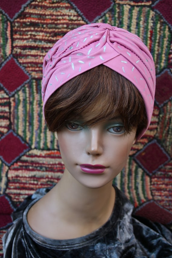 Handpainted Vintage Mauve Pink Turban with Silver 
