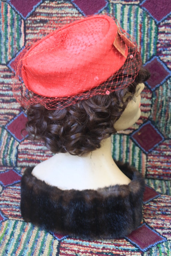 Vintage Red Pillbox Hat with French Veil - image 6