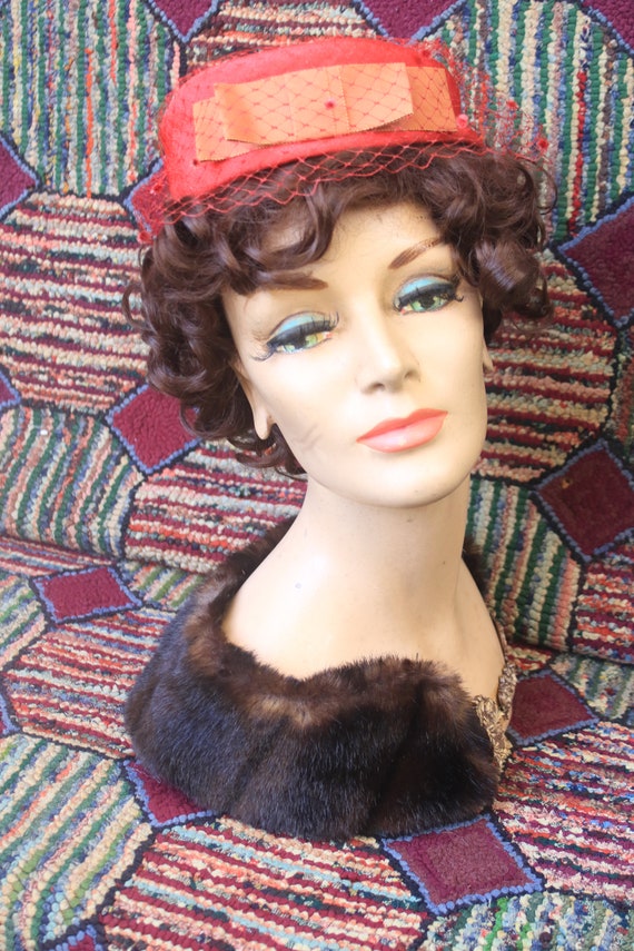 Vintage Red Pillbox Hat with French Veil - image 2