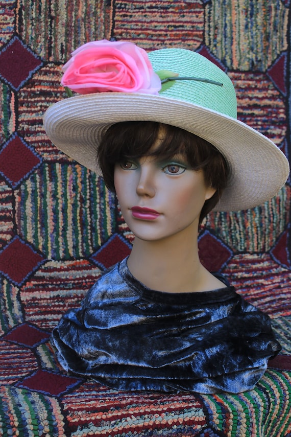 Vintage Green Straw Hat with Pink Millinery Rose