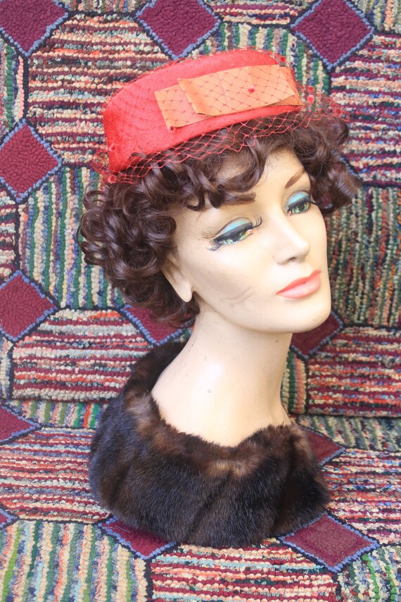 Vintage Red Pillbox Hat with French Veil - image 1