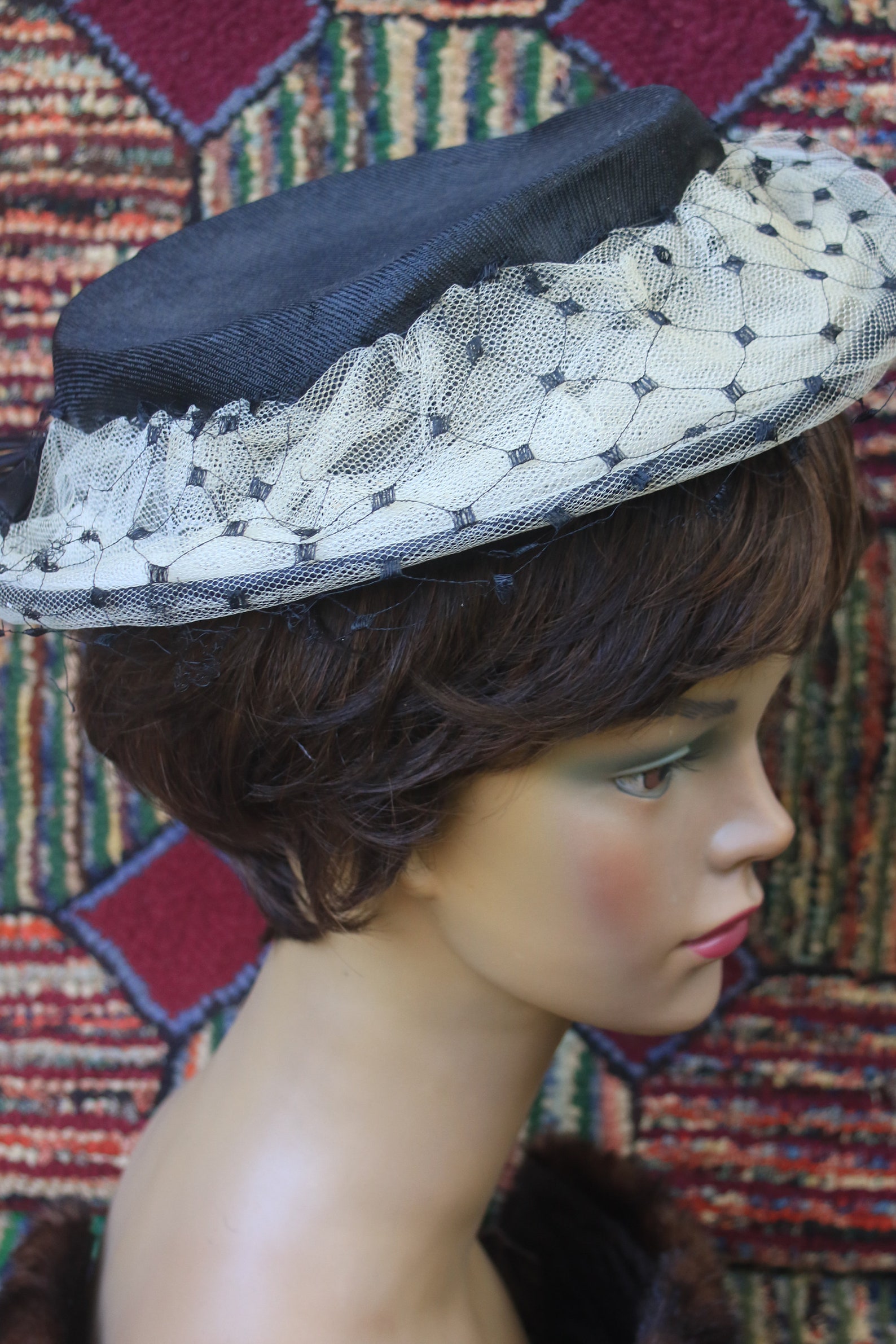 Vintage Black Boater Hat With Cream Tulle and French Veil Trim Etsy