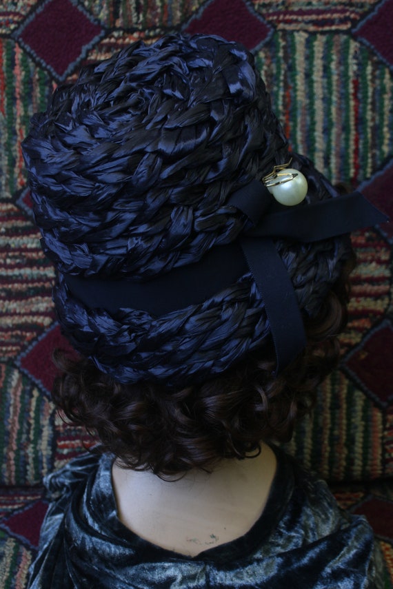 Vintage Navy Straw Beehive Hat - image 5