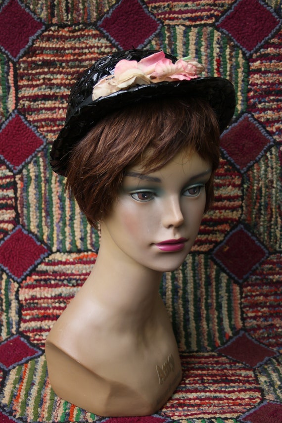 Vintage Black Raffia Straw Hat with Pink Floral Tr