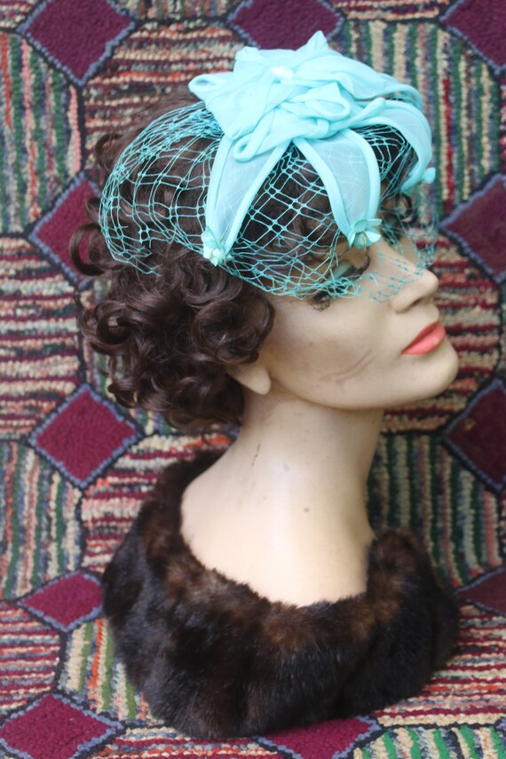 Vintage Robin Egg Blue Fascinator Hat with French… - image 3