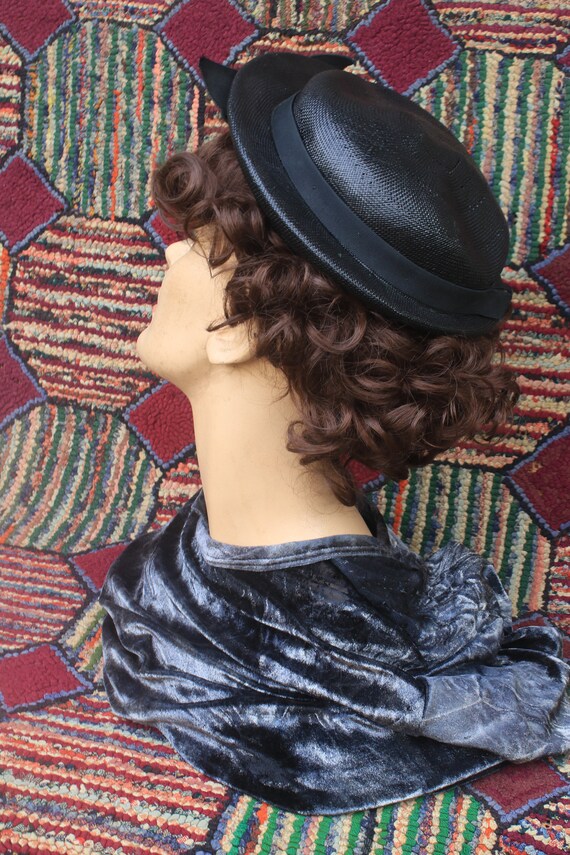 Vintage Black Straw Sailor Hat with Grosgrain Rib… - image 3