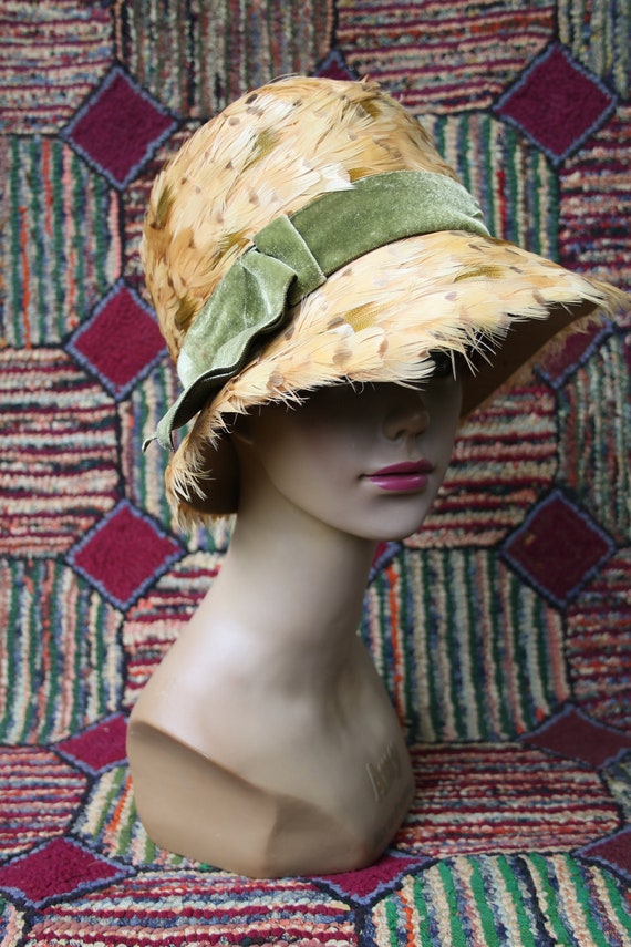 Vintage Tan Feather Cloche Hat