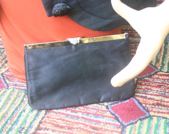 Vintage Black Satin Square Hinged Opening Clutch Bag