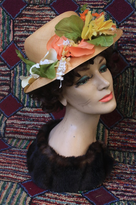 Vintage Orange, Yellow and White Flower Straw Hat