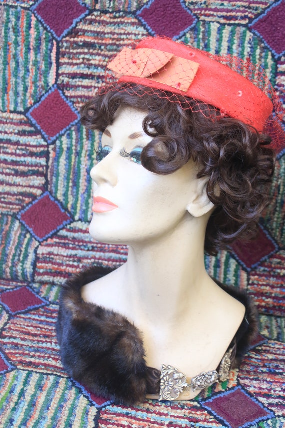 Vintage Red Pillbox Hat with French Veil - image 3