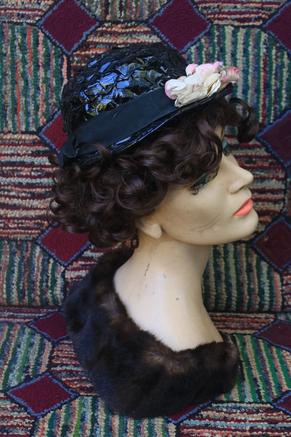 Vintage Black Patent Straw Mini Bowler Hat