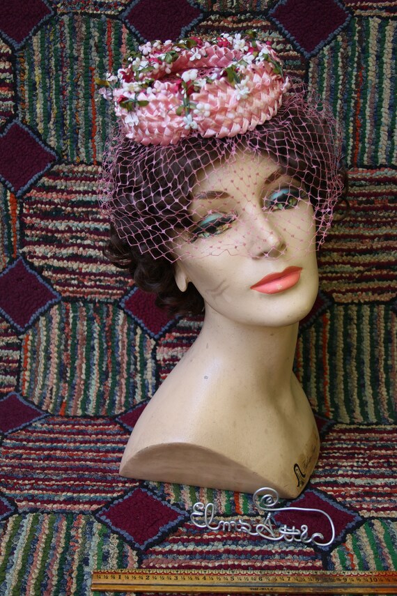 Vintage Pink Raffia and Flowers Fascinator Hat