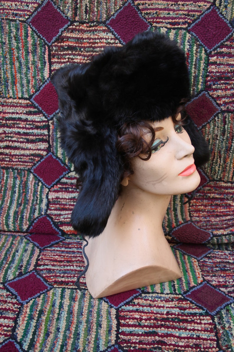 Vintage Black Rabbit Fur Ushanka Hat image 6