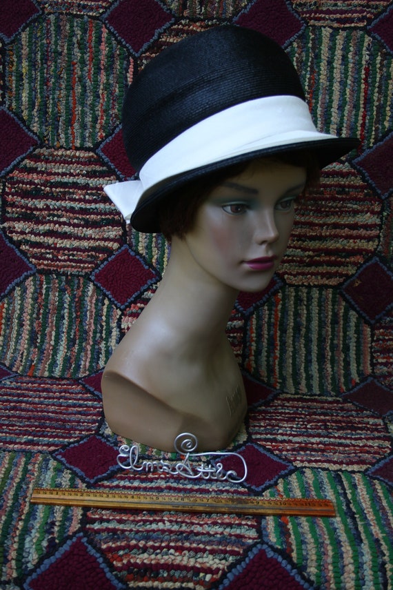 Vintage Black Straw Cloche with White Trim