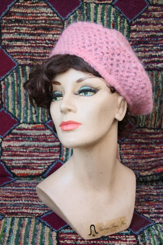 Vintage Handmade Pink Open Weave Beret Hat