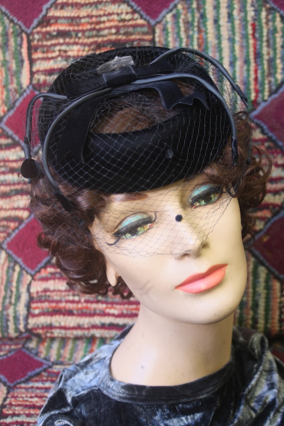 Vintage Black Velvet Cocktail Hat with French Veil