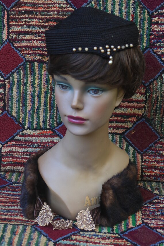 Vintage Black Crochet Hat with Pearl Trim