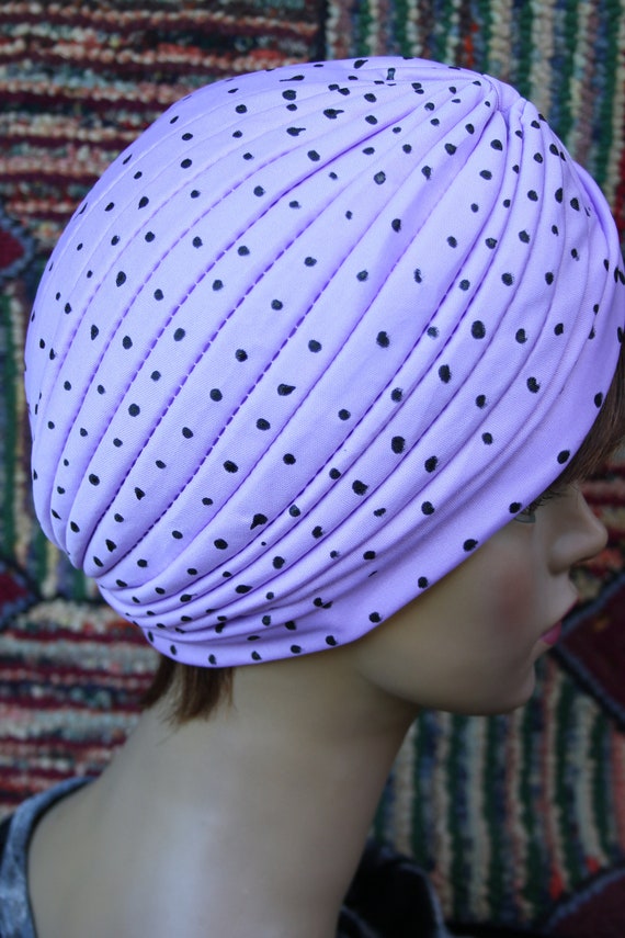 Vintage Handpainted Purple Turban with Polka Dots - image 5