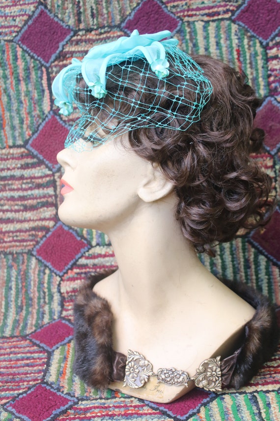 Vintage Robin Egg Blue Fascinator Hat with French… - image 7