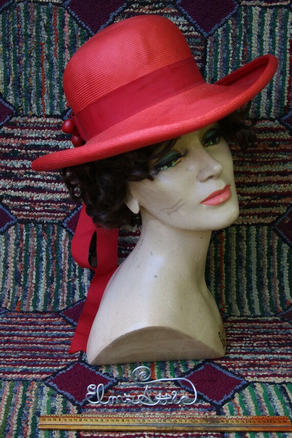 Vintage Red Straw Hat with Cherry Trim