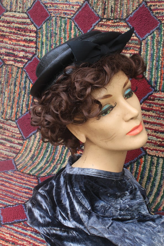 Vintage Black Straw Sailor Hat with Grosgrain Rib… - image 8