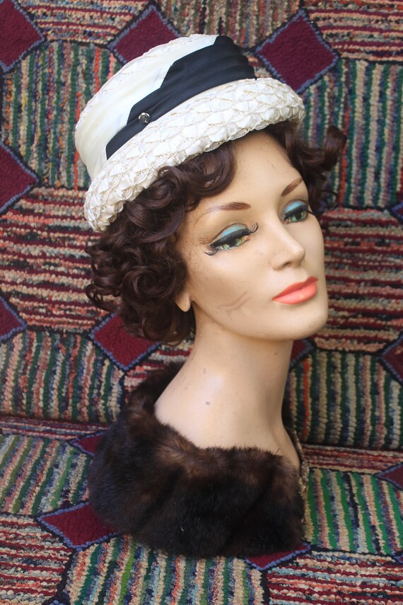 Vintage White Plastic Straw Hat with Black and Whi