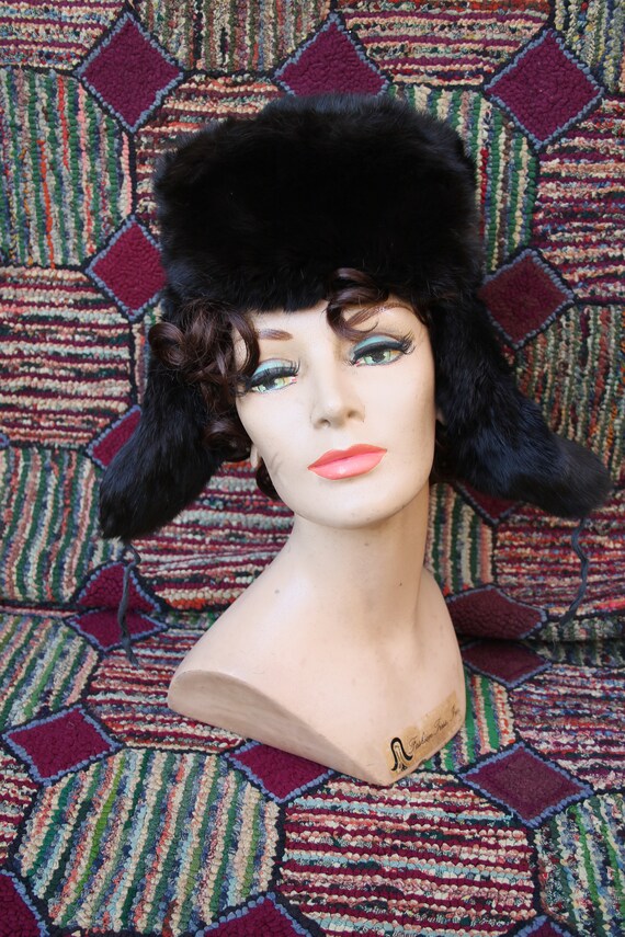 Vintage Black Rabbit Fur Ushanka Hat - image 7
