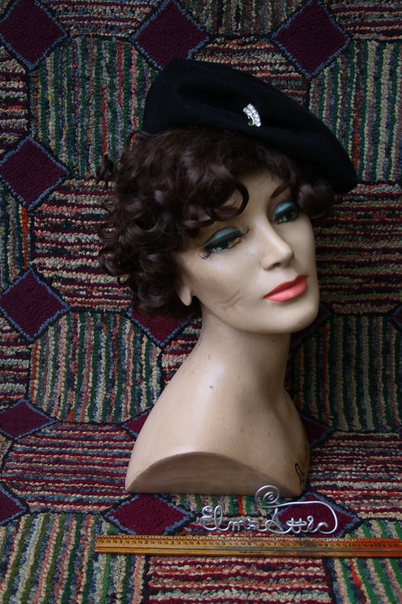 Vintage Black Felt Bump Top Hat with Rhinestones