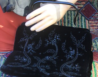 Vintage Black Velvet Beaded Handbag