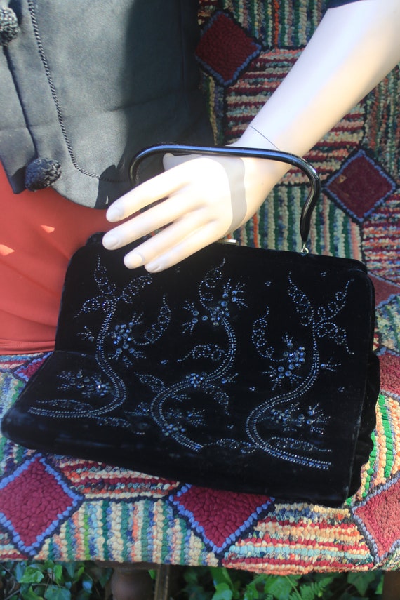 Vintage Black Velvet Beaded Handbag