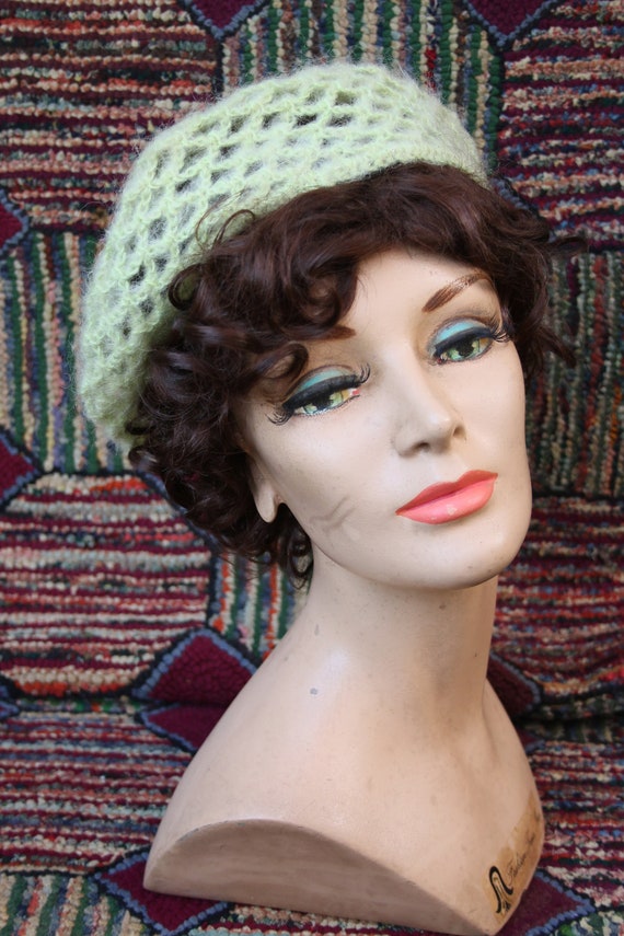 Vintage Celery Green Hand Crochet Beret Hat