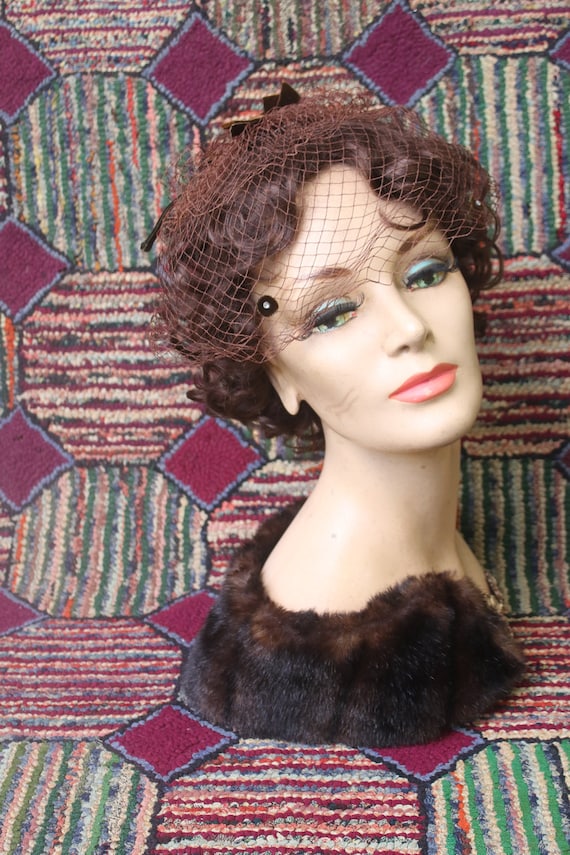 Vintage Brown Fascinator Veil with Velvet Bows and