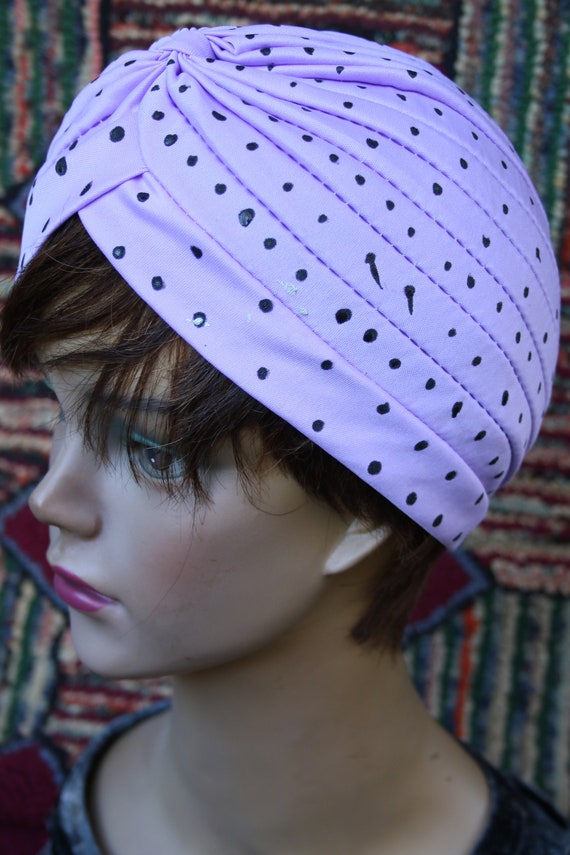 Vintage Handpainted Purple Turban with Polka Dots - image 2