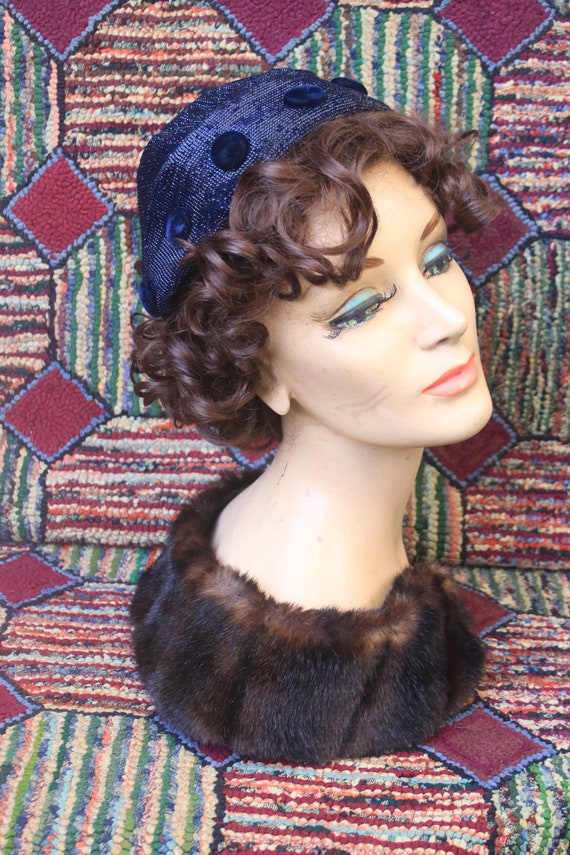 Vintage Navy Calot Hat with Velvet Buttons