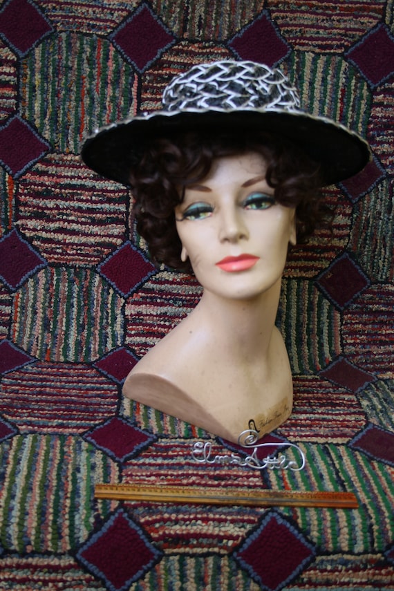 Vintage Black, Grey and White Plastic Raffia Hat