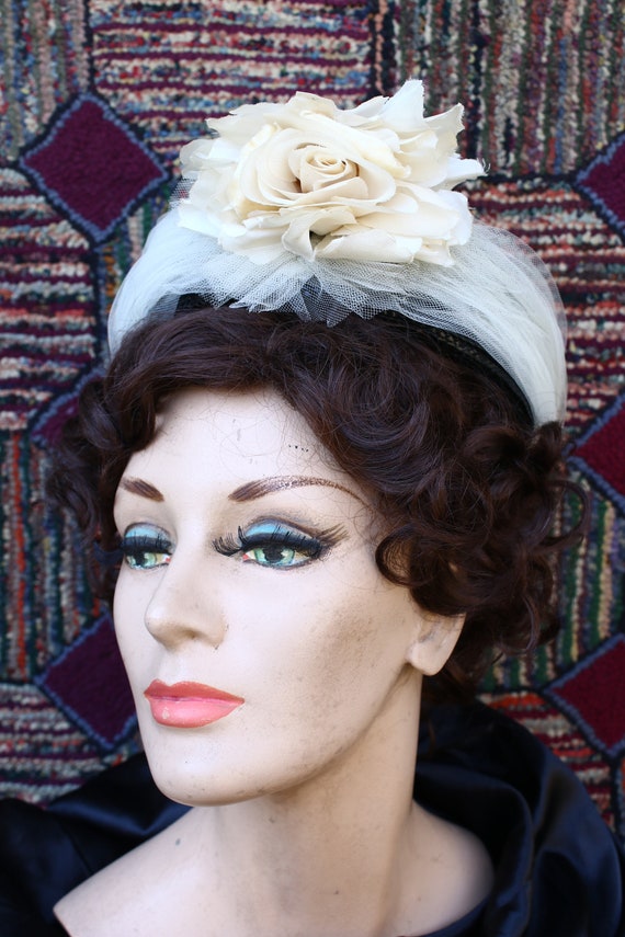 Vintage Black Straw Pillbox Hat with Velvet and Ch