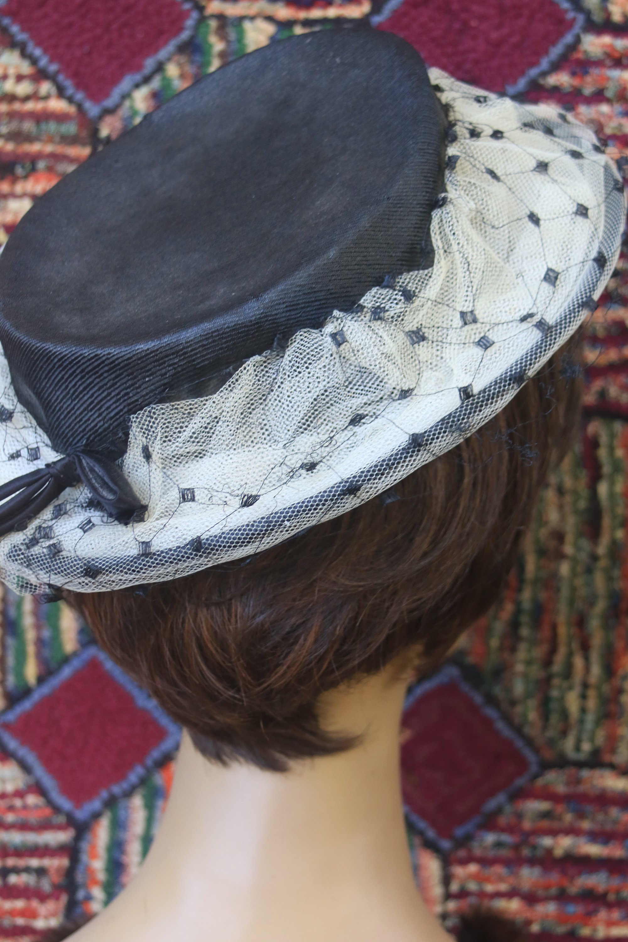 Vintage Black Boater Hat with Cream Tulle and French Veil Trim Etsy