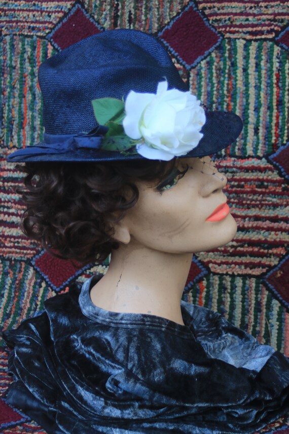 Vintage Blue Straw Hat with Tilt Brim