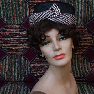 Vintage Black Straw Pillbox with Tan, White and Brown Stripe Crown