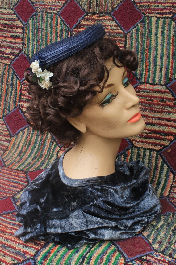 Vintage Blue Straw Clamp Cap with Millinery Roses