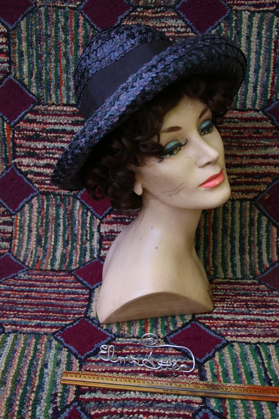 VIntage Two Tone Navy Straw Boater Hat
