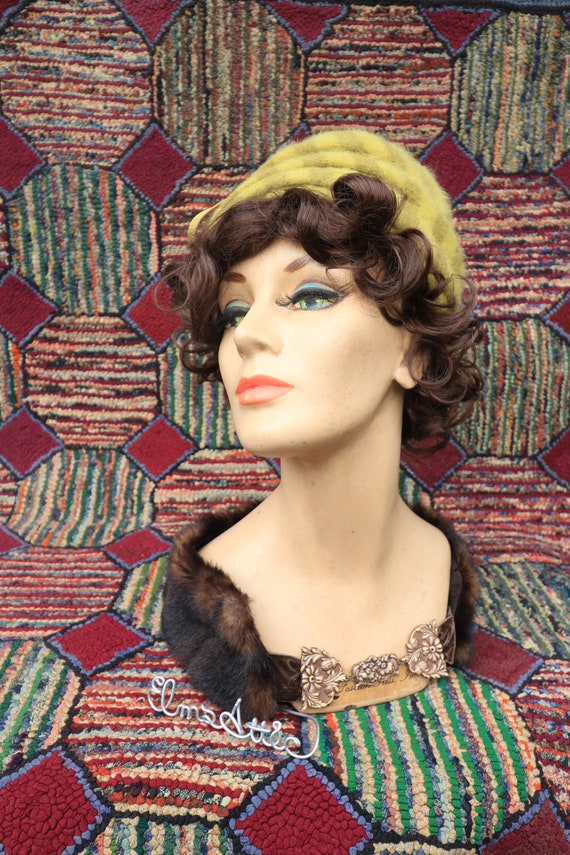Vintage Wool Green Stripe Turban Hat - image 2