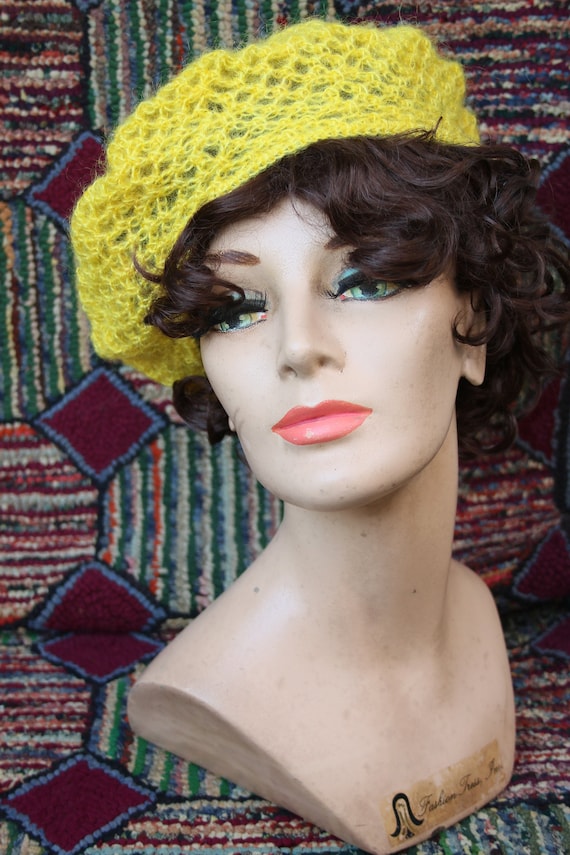 Vintage Mustard Yellow Hand Crochet Beret Hat