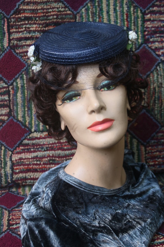 Vintage Navy Blue Straw Cocktail Hat with White Ro