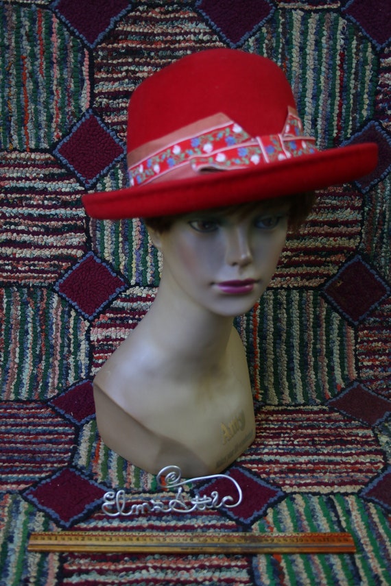 Vintage Red Felt Hat with Woven Floral Ribbon Trim